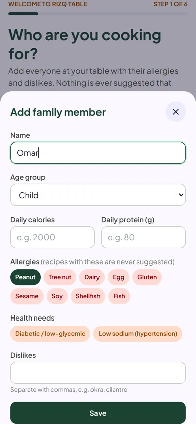 The add family member sheet with allergies and health needs.