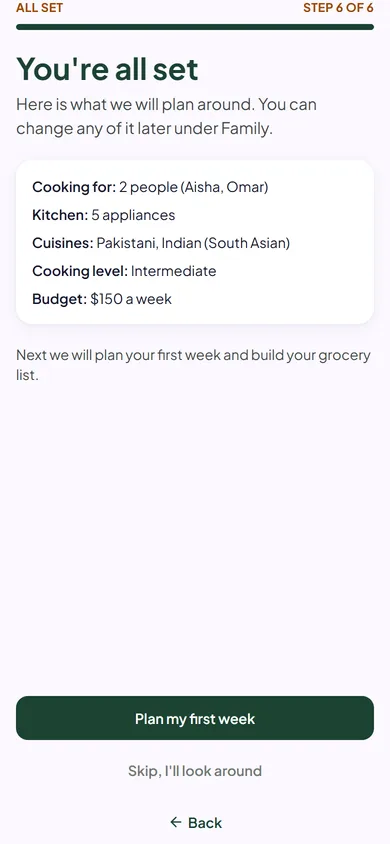 The all set summary with the Plan my first week button.