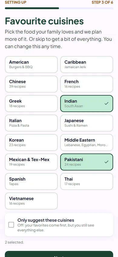 Choosing favourite cuisines.